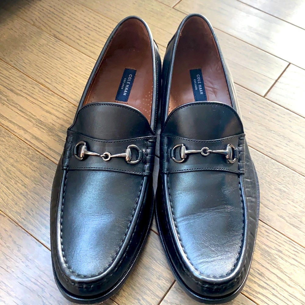 Cole Haan - Black Leather Loafers with Silver/Chrome Horsebit Detail
